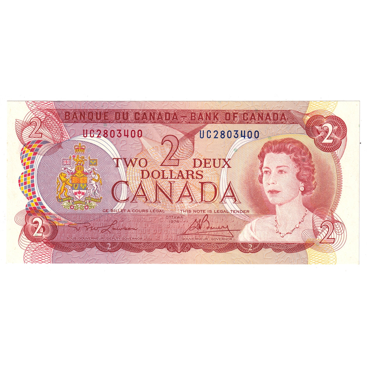 BC-47a 1974 Canada $2 Lawson-Bouey, UC, Almost Uncirculated (AU50)