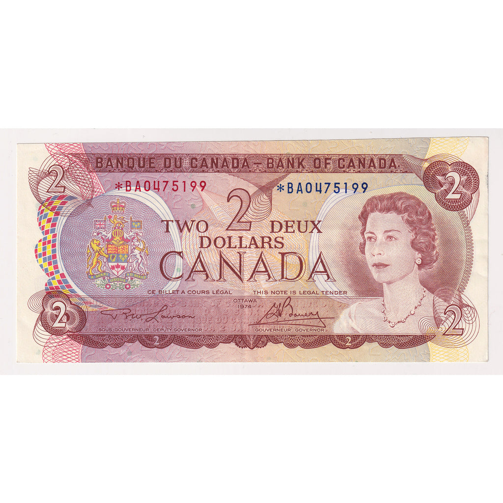 BC-47aA 1974 Canada $2 Lawson-Bouey, *BA, Extra Fine (EF40)