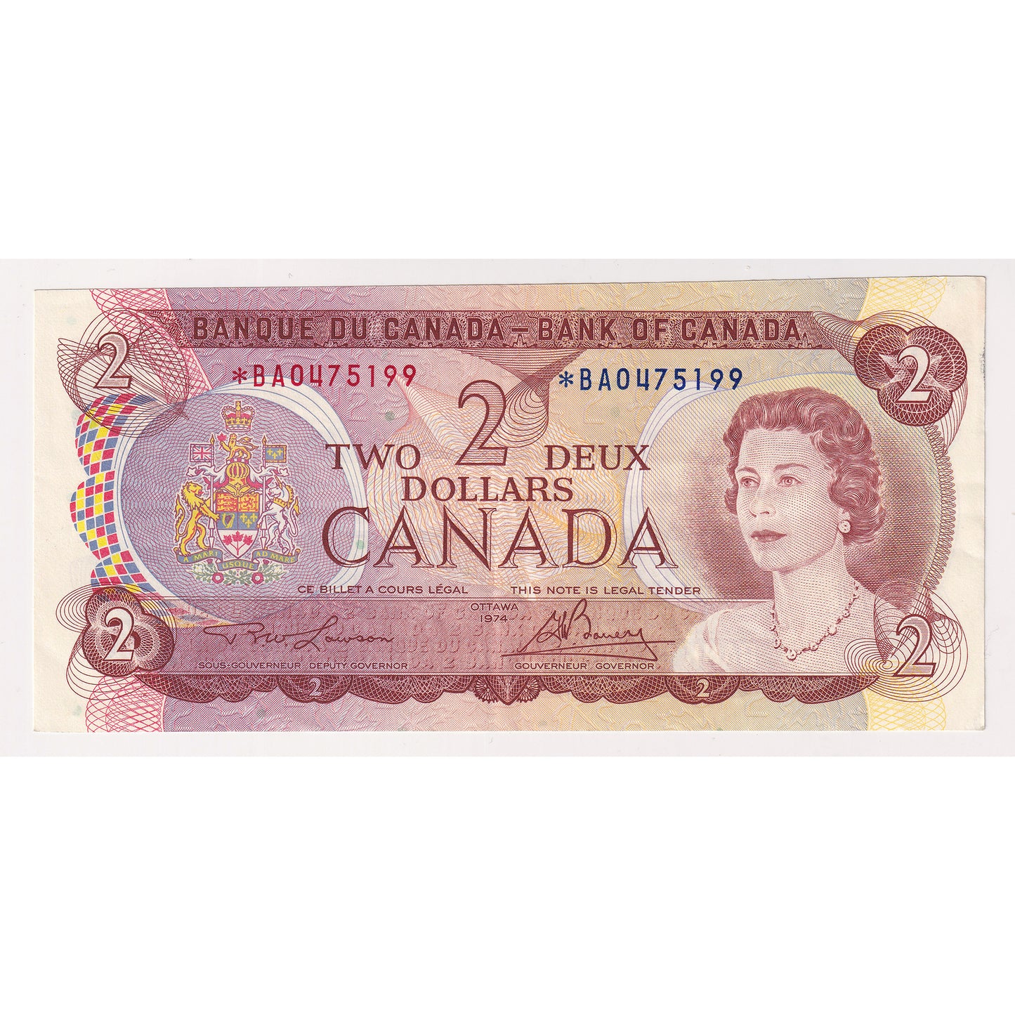 BC-47aA 1974 Canada $2 Lawson-Bouey, *BA, Extra Fine (EF40)