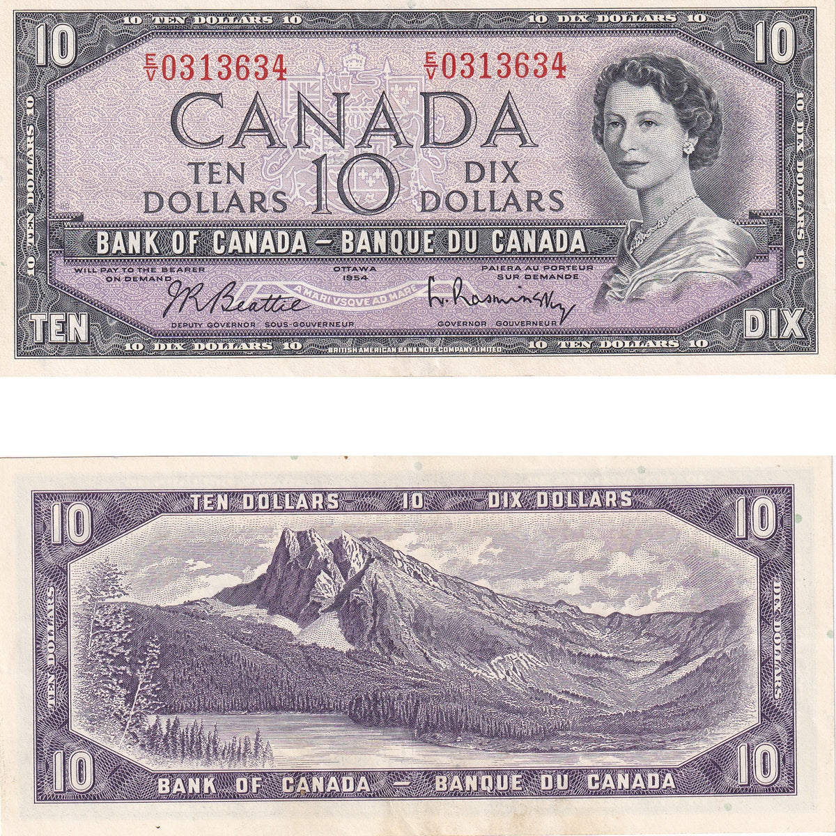 BC-40b 1954 Canada $10 Beattie-Rasminsky, E/V, Extra Fine (EF40)