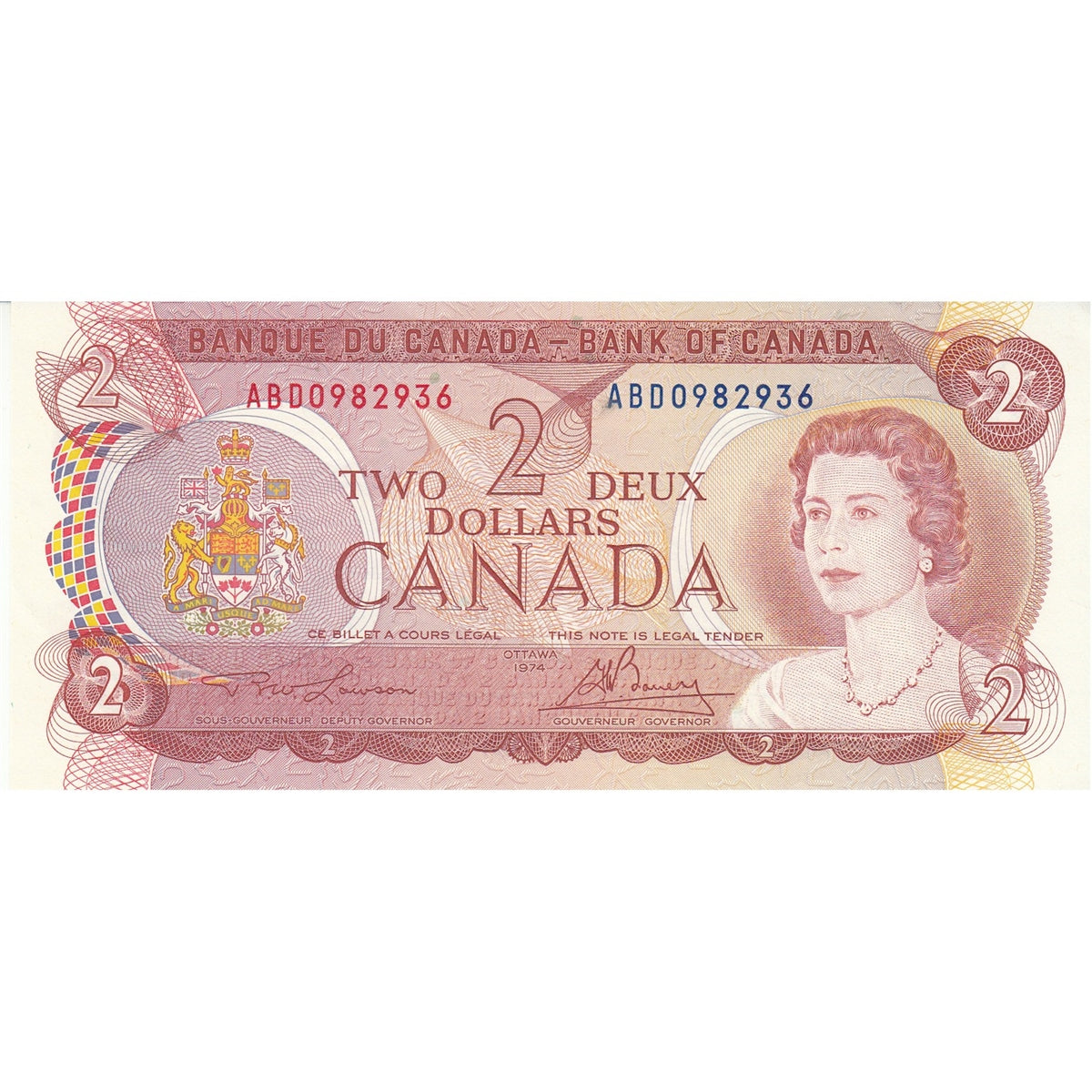 BC-47a-i 1974 Canada $2 Lawson-Bouey, ABD, Almost Uncirculated (AU50)