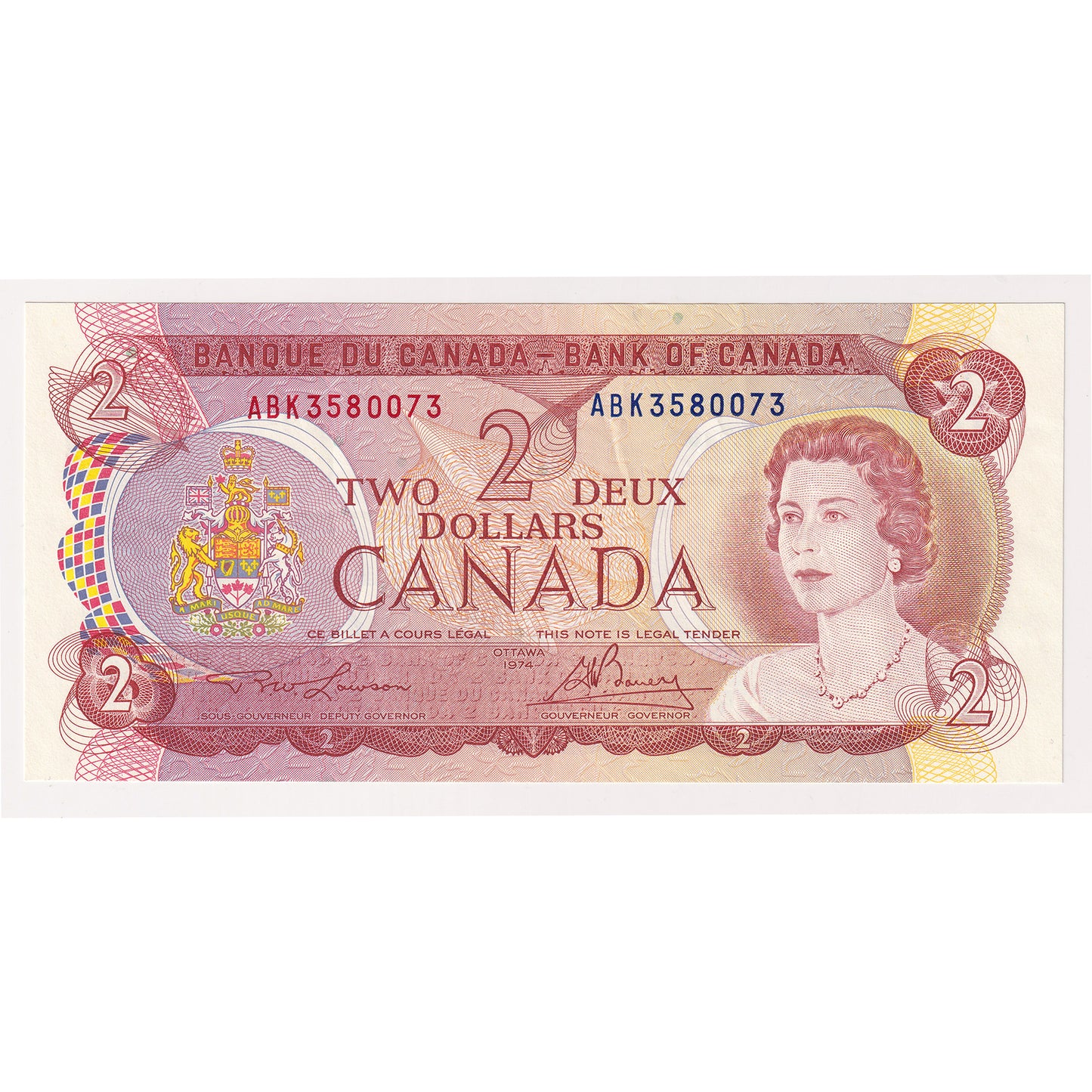 BC-47a-i 1974 Canada $2 Lawson-Bouey, ABK, Almost Uncirculated (AU50)