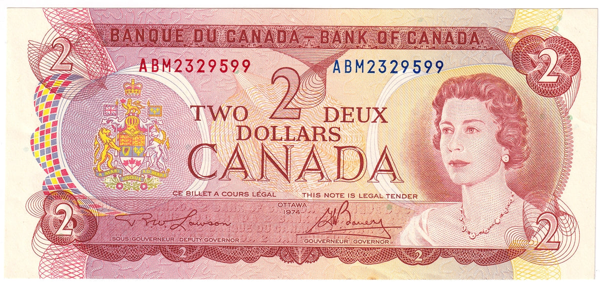 BC-47a-i 1974 Canada $2 Lawson-Bouey, ABM, Almost Uncirculated (AU50)