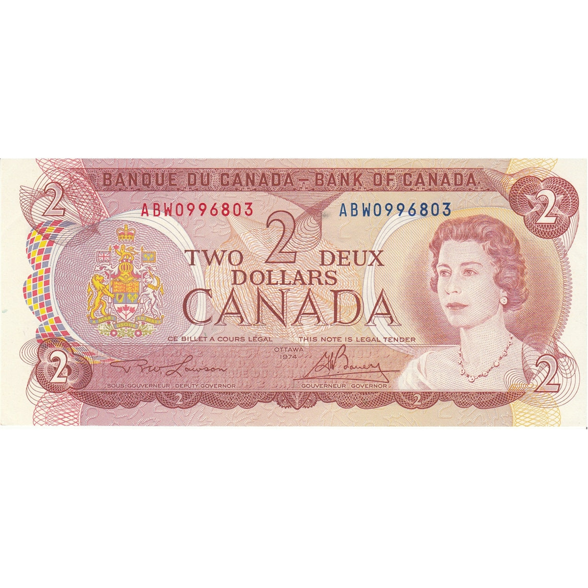 BC-47a-i 1974 Canada $2 Lawson-Bouey, ABW, Almost Uncirculated (AU50)