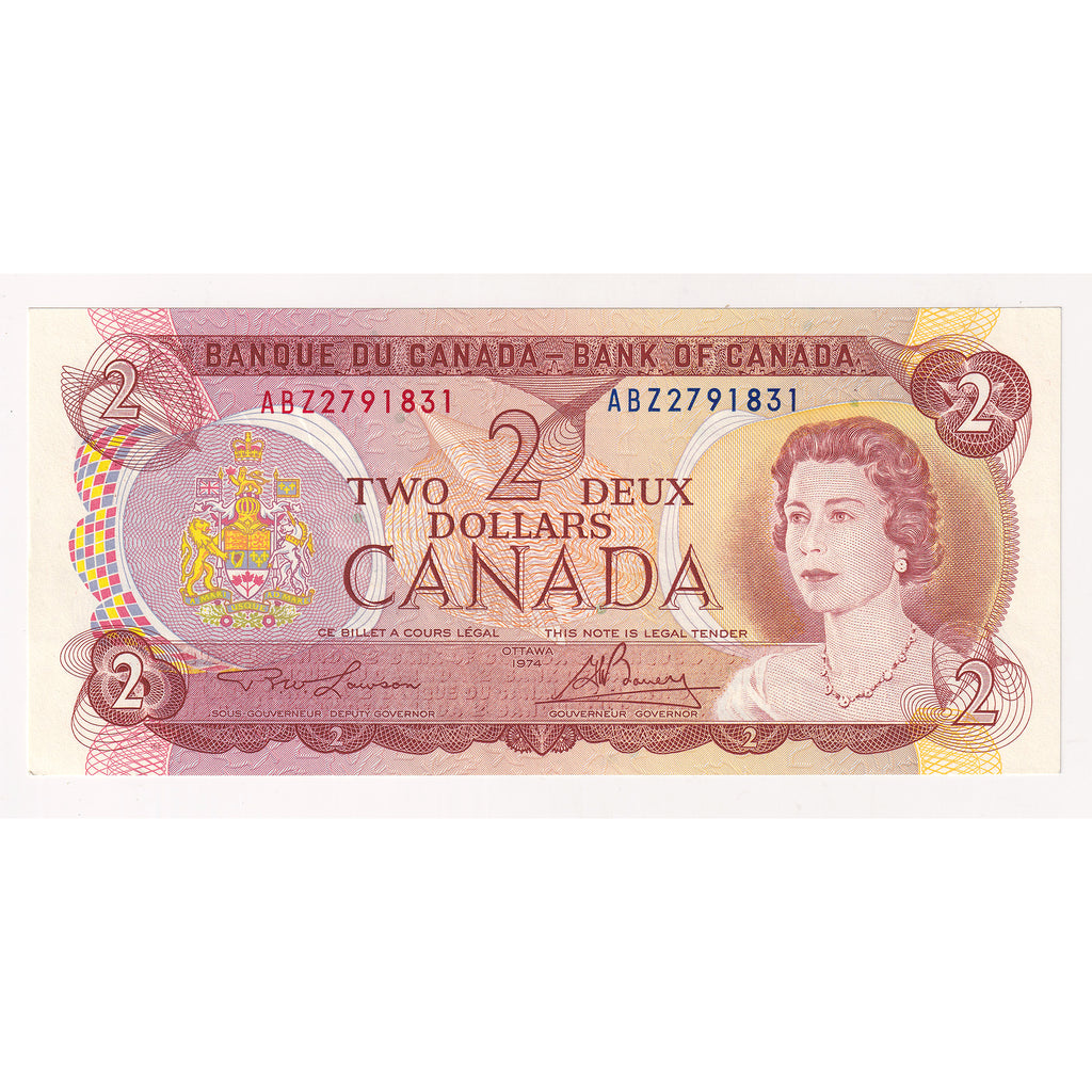 BC-47a-i 1974 Canada $2 Lawson-Bouey, ABZ, Almost Uncirculated (AU50)