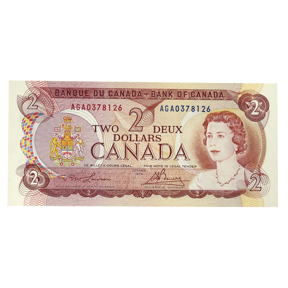 BC-47a-i 1974 Canada $2 Lawson-Bouey, AGA, Uncirculated (MS60)