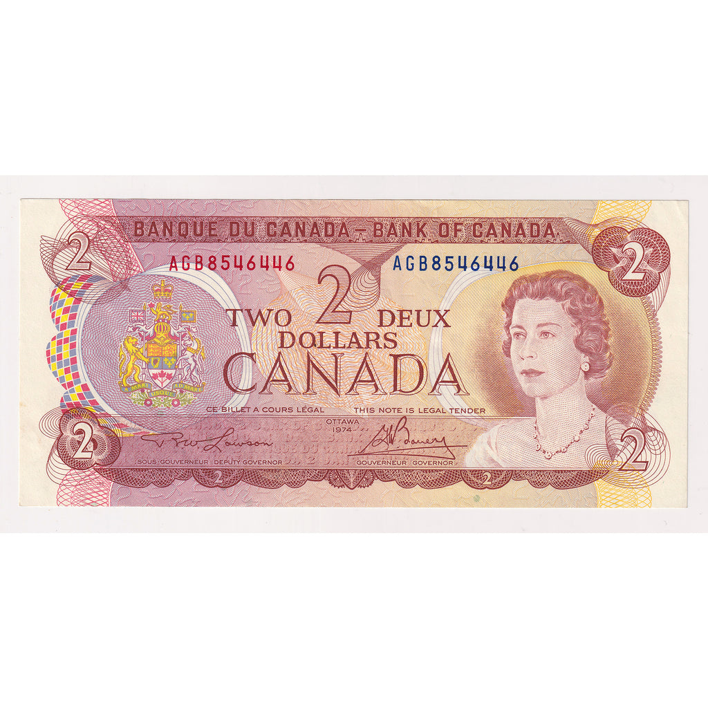 BC-47a-i 1974 Canada $2 Lawson-Bouey, AGB, Almost Uncirculated (AU50)