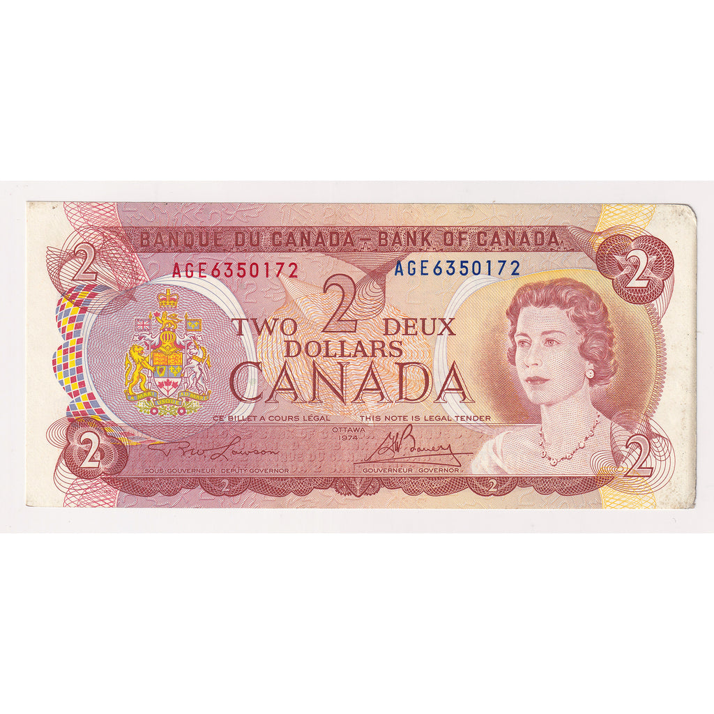 BC-47a-i 1974 Canada $2 Lawson-Bouey, AGE, Almost Uncirculated (AU50)