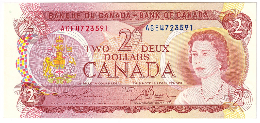 BC-47a-i 1974 Canada $2 Lawson-Bouey, AGE, Uncirculated (MS60)