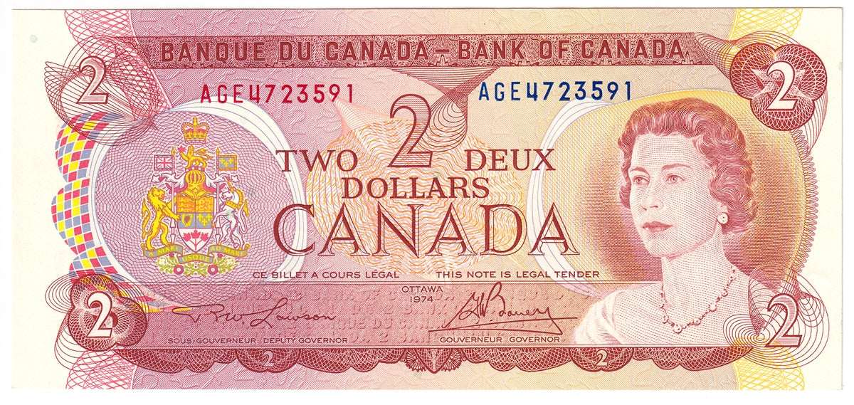 BC-47a-i 1974 Canada $2 Lawson-Bouey, AGE, Uncirculated (MS60)