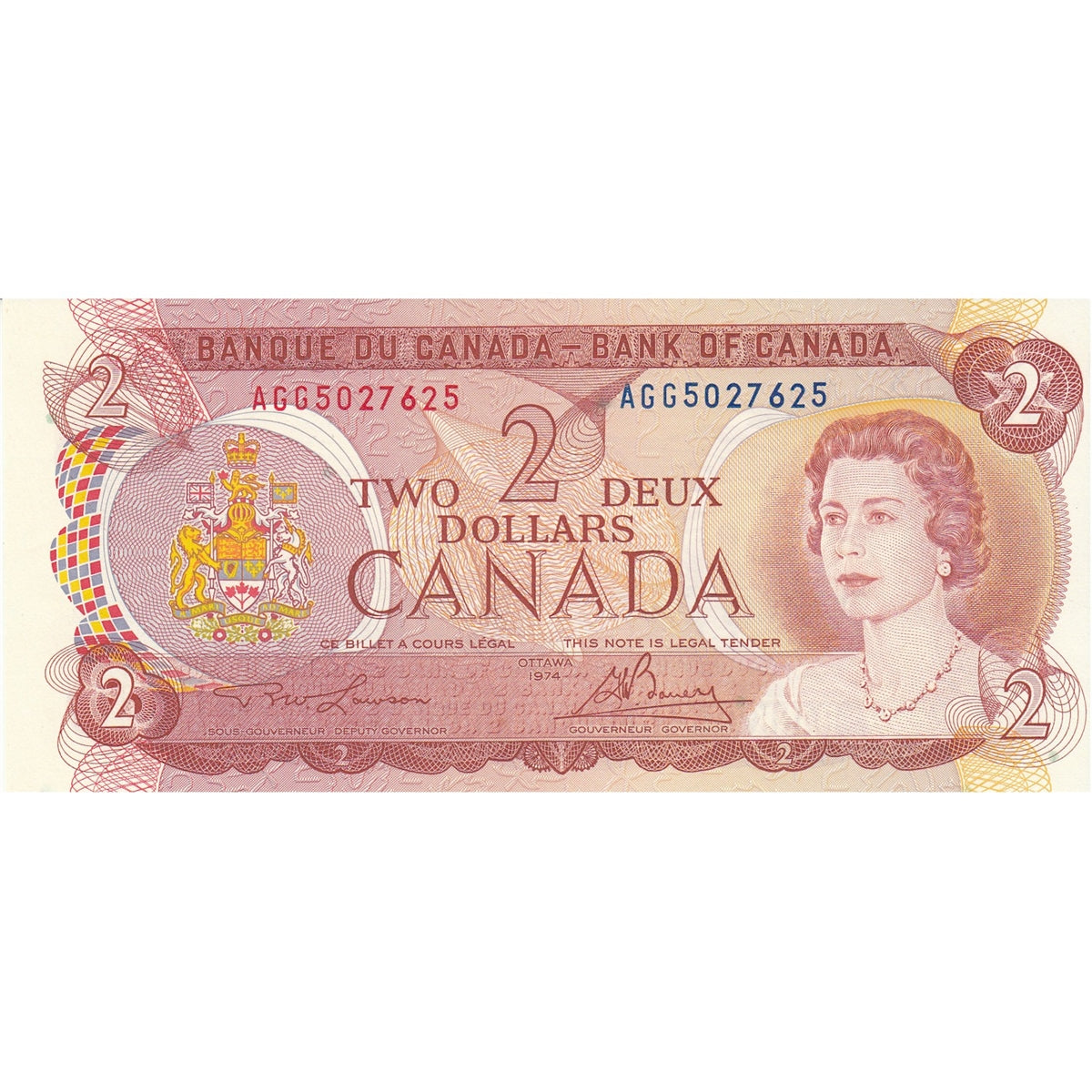 BC-47a-i 1974 Canada $2 Lawson-Bouey, AGG, Almost Uncirculated (AU50)