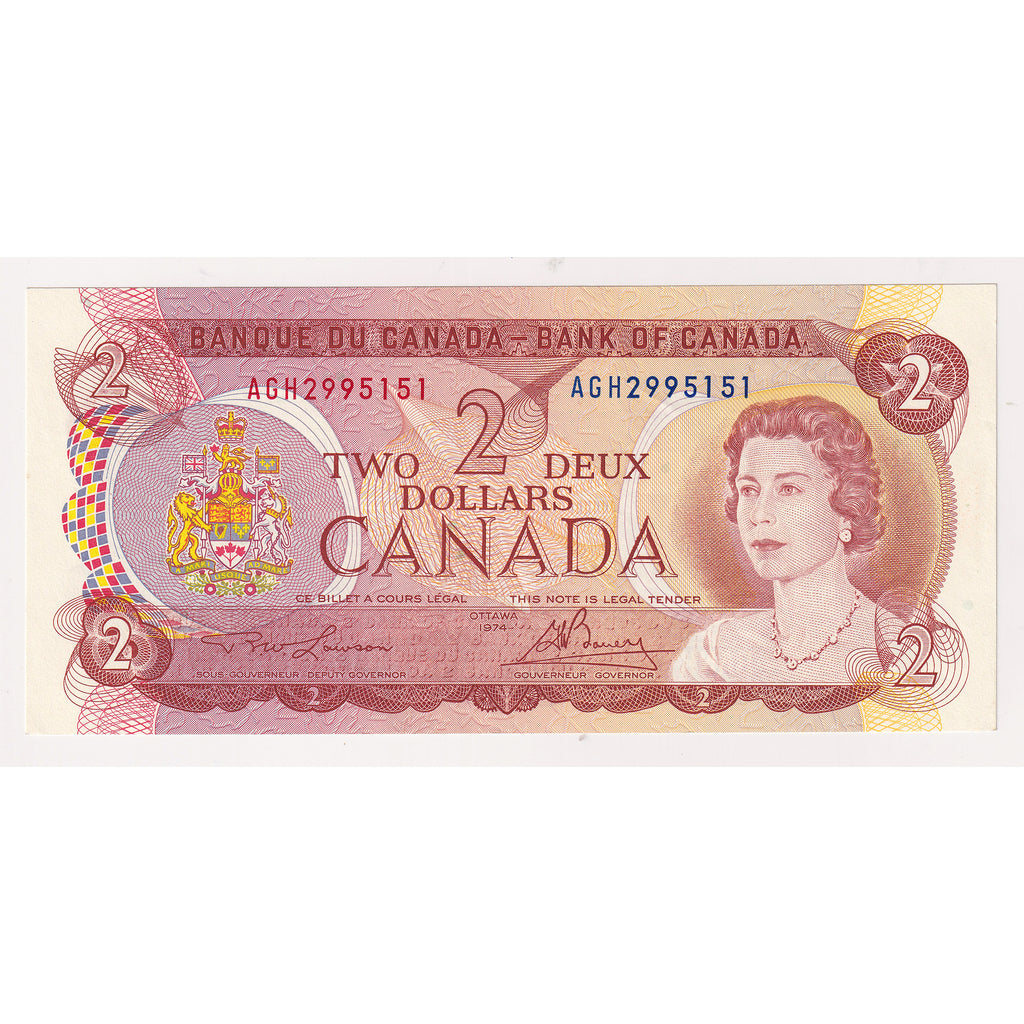 BC-47a-i 1974 Canada $2 Lawson-Bouey, AGH, Almost Uncirculated (AU50)