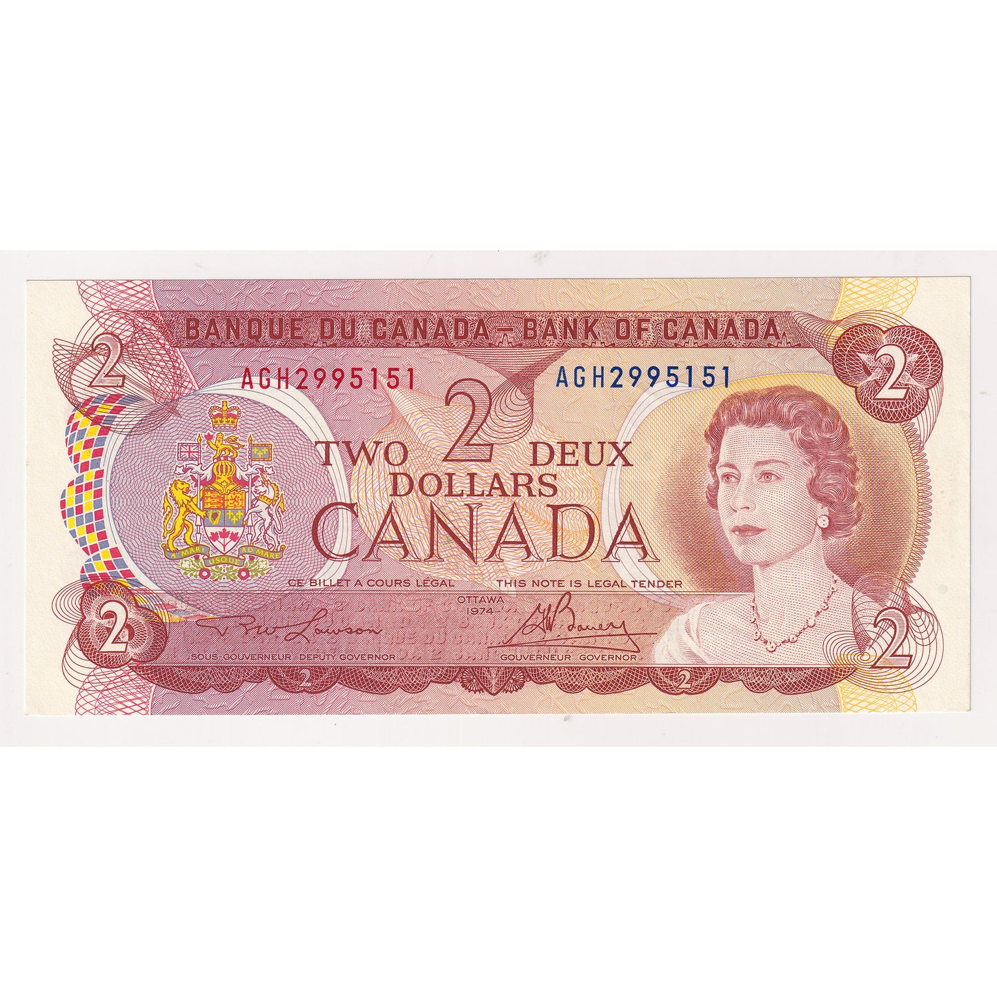 BC-47a-i 1974 Canada $2 Lawson-Bouey, AGH, Almost Uncirculated (AU50)