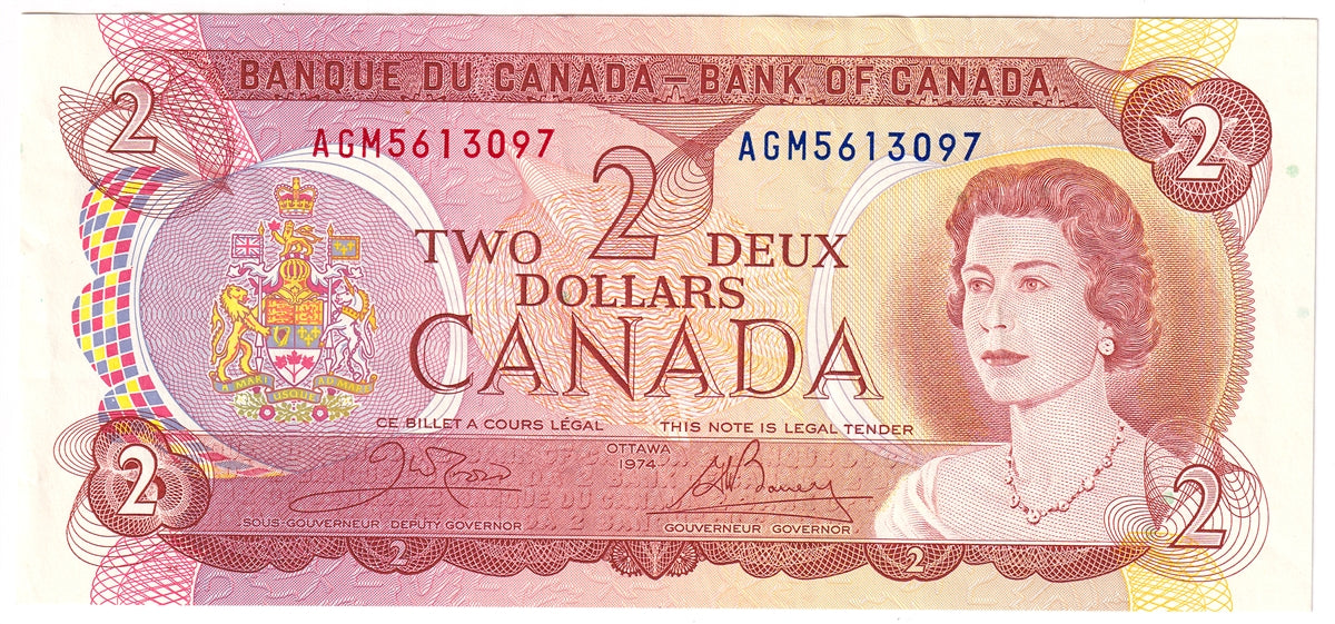 BC-47b 1974 Canada $2 Crow-Bouey, AGM, Almost Uncirculated (AU50)