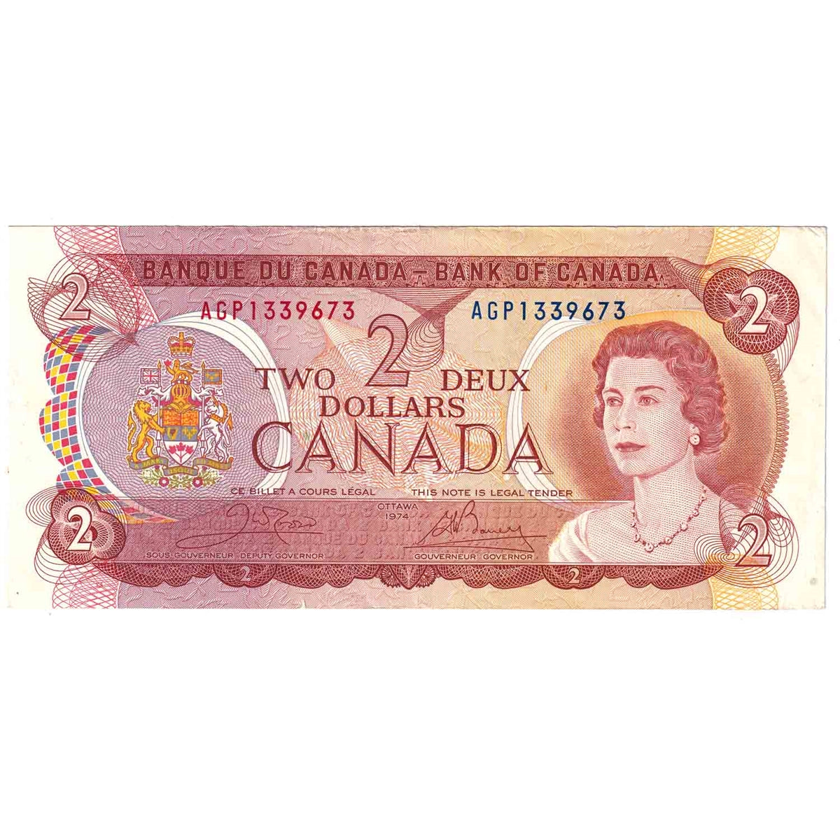 BC-47b 1974 Canada $2 Crow-Bouey, AGP, Almost Uncirculated (AU50)