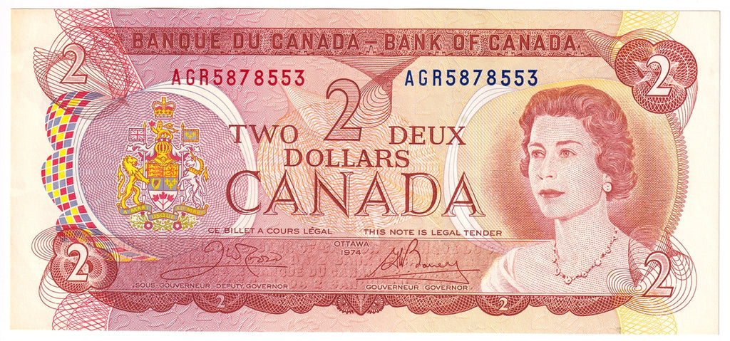 BC-47b 1974 Canada $2 Crow-Bouey, AGR, Almost Uncirculated (AU50)