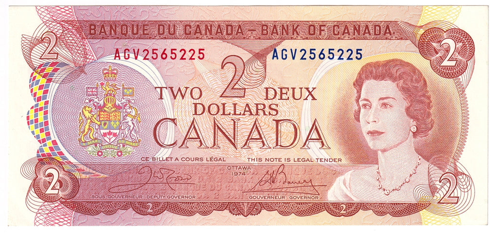 BC-47b 1974 Canada $2 Crow-Bouey, AGV, Almost Uncirculated (AU50)