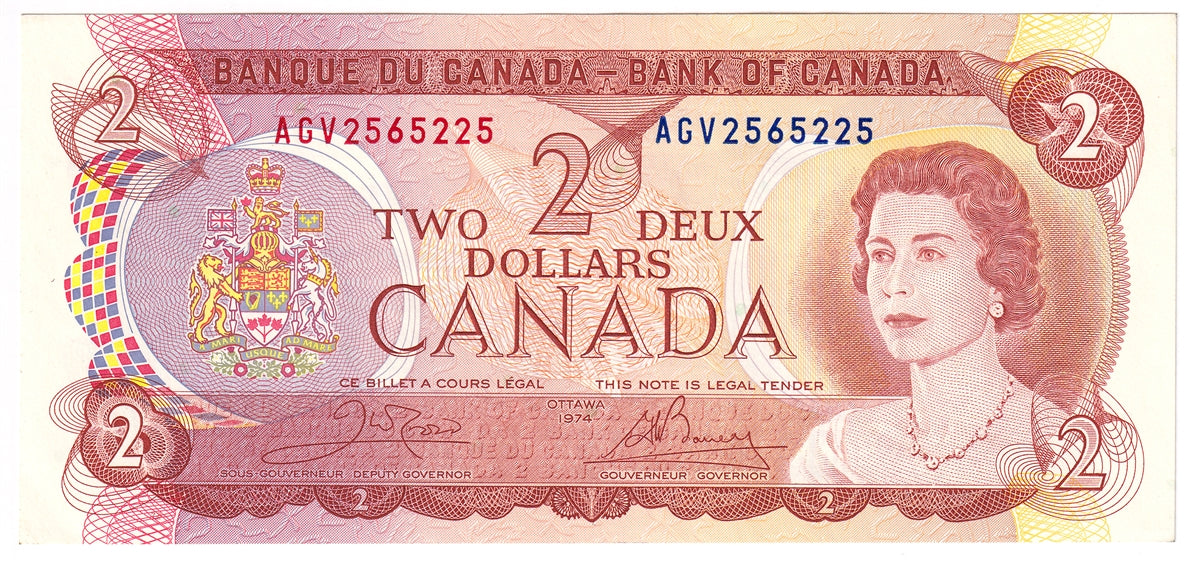BC-47b 1974 Canada $2 Crow-Bouey, AGV, Almost Uncirculated (AU50)