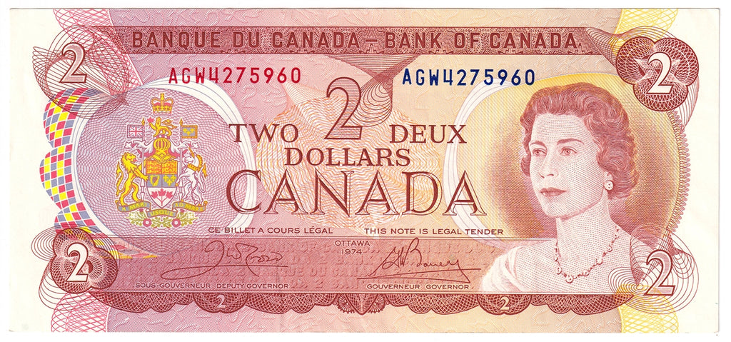 BC-47b 1974 Canada $2 Crow-Bouey, AGW, Almost Uncirculated (AU50)