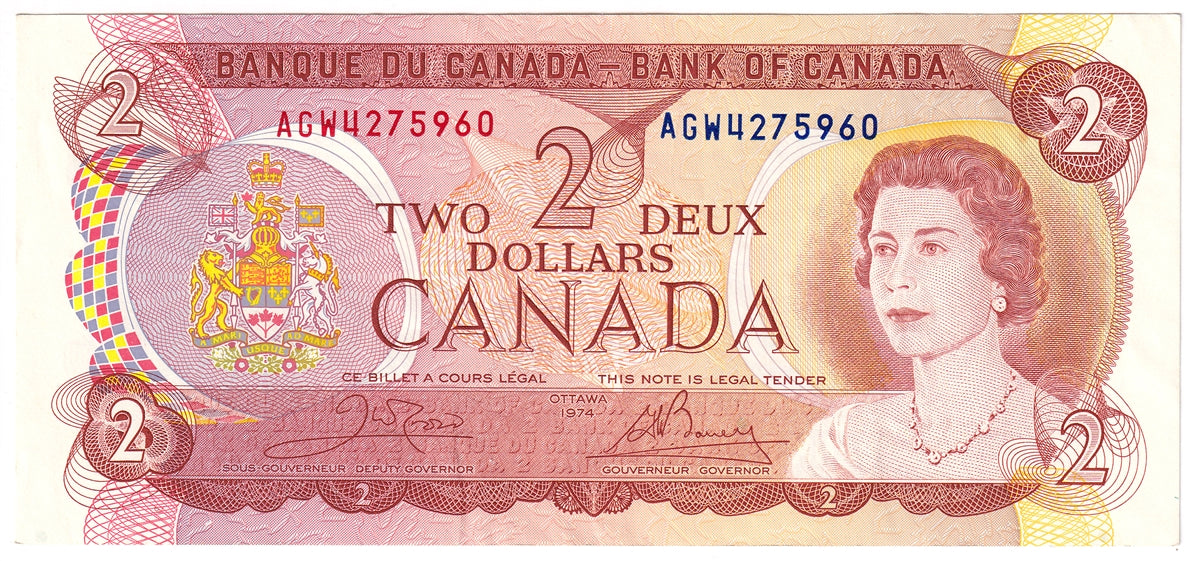 BC-47b 1974 Canada $2 Crow-Bouey, AGW, Almost Uncirculated (AU50)