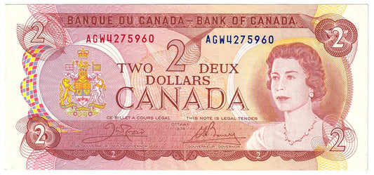 BC-47b 1974 Canada $2 Crow-Bouey, AGW, Almost Uncirculated (AU50)