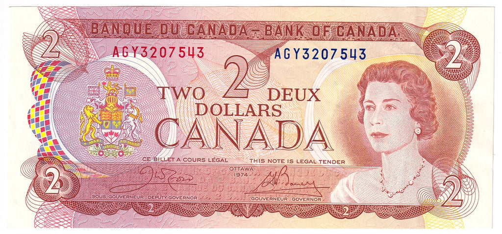 BC-47b 1974 Canada $2 Crow-Bouey, AGY, Almost Uncirculated (AU50)