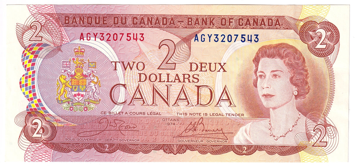 BC-47b 1974 Canada $2 Crow-Bouey, AGY, Almost Uncirculated (AU50)
