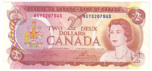 BC-47b 1974 Canada $2 Crow-Bouey, AGY, Almost Uncirculated (AU50)