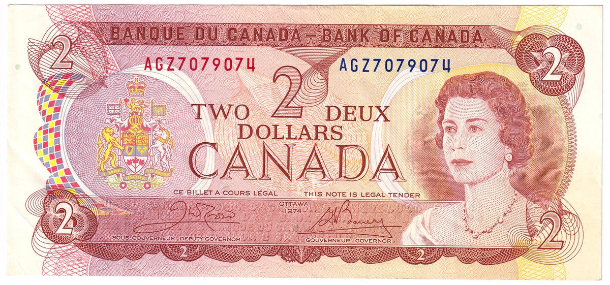 BC-47b 1974 Canada $2 Crow-Bouey, AGZ, Almost Uncirculated (AU50)