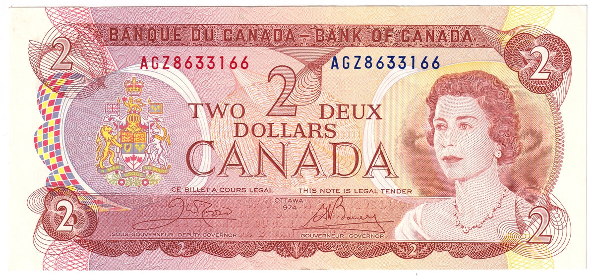 BC-47b 1974 Canada $2 Crow-Bouey, AGZ, AU-UNC (AU55)