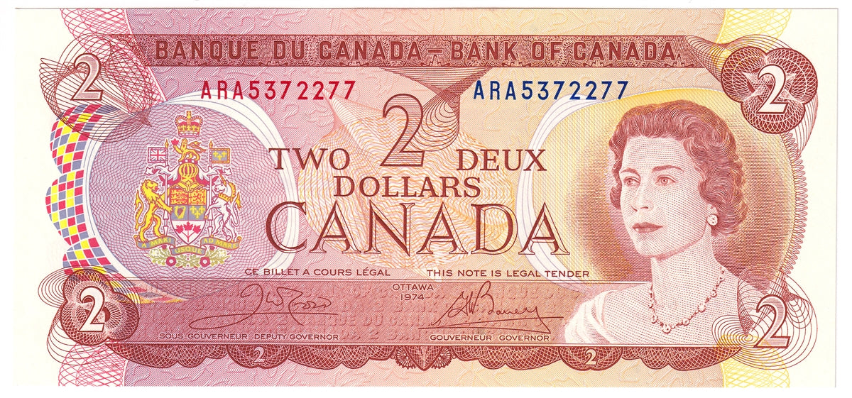 BC-47b 1974 Canada $2 Crow-Bouey, ARA, Almost Uncirculated (AU50)
