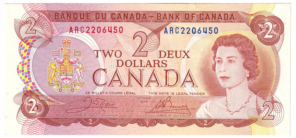 BC-47b 1974 Canada $2 Crow-Bouey, ARC, Almost Uncirculated (AU50)