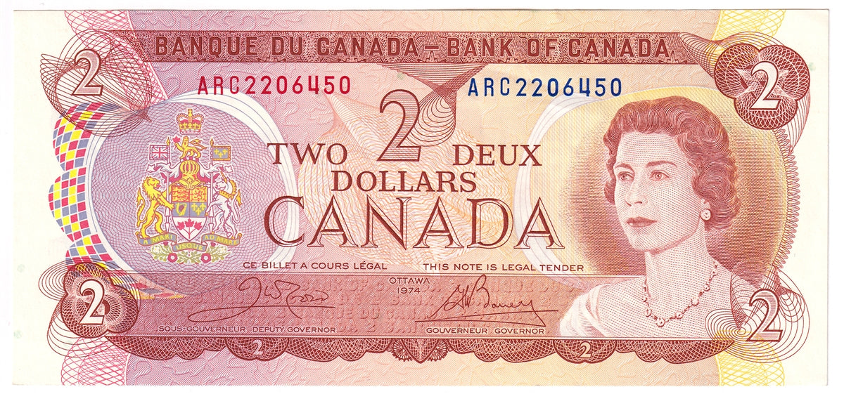 BC-47b 1974 Canada $2 Crow-Bouey, ARC, Almost Uncirculated (AU50)