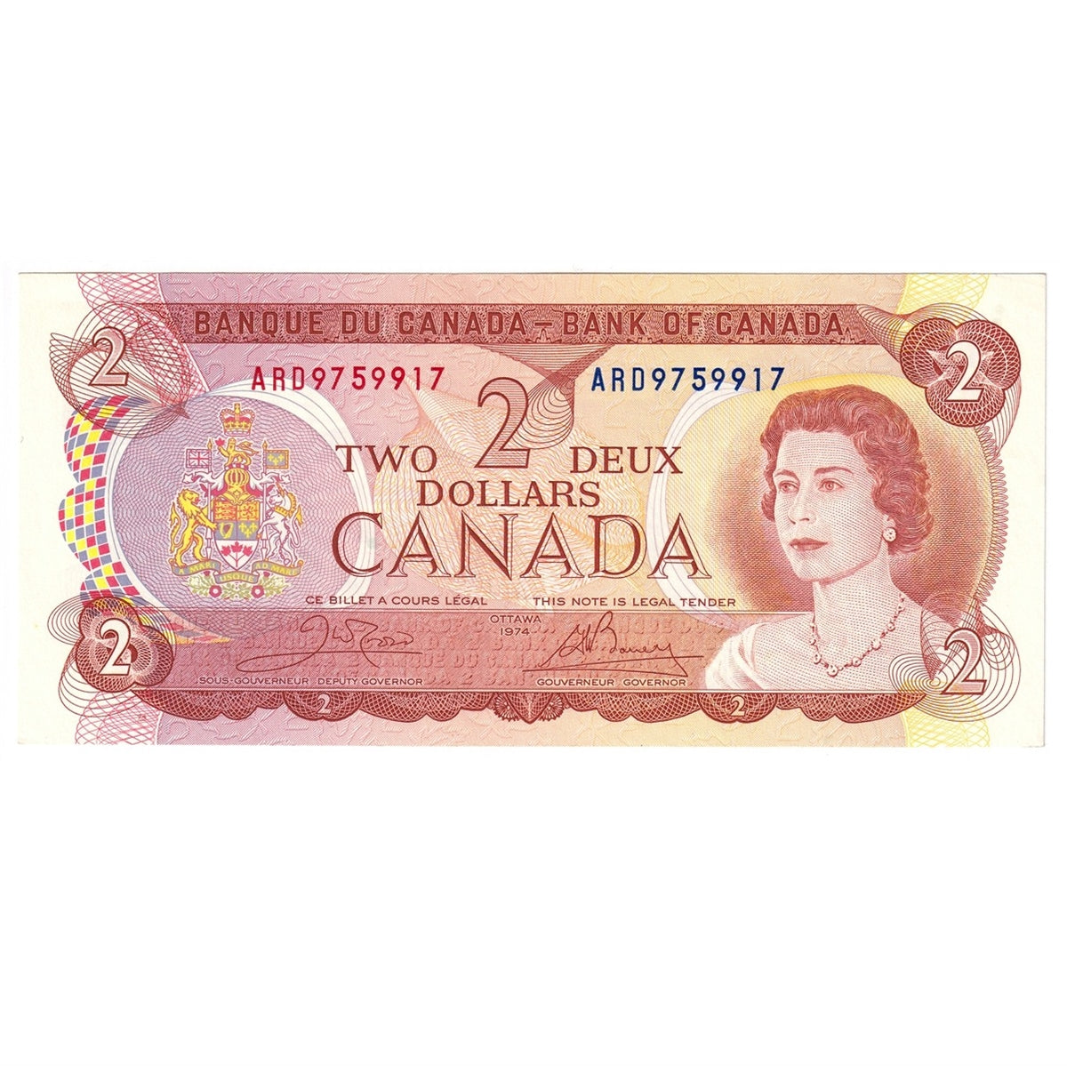 BC-47b 1974 Canada $2 Crow-Bouey, ARD, Almost Uncirculated (AU50)