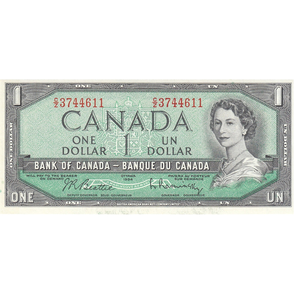 BC-37b-i 1954 Canada $1 Beattie-Rasminsky, C/Z, AU-UNC (AU55)