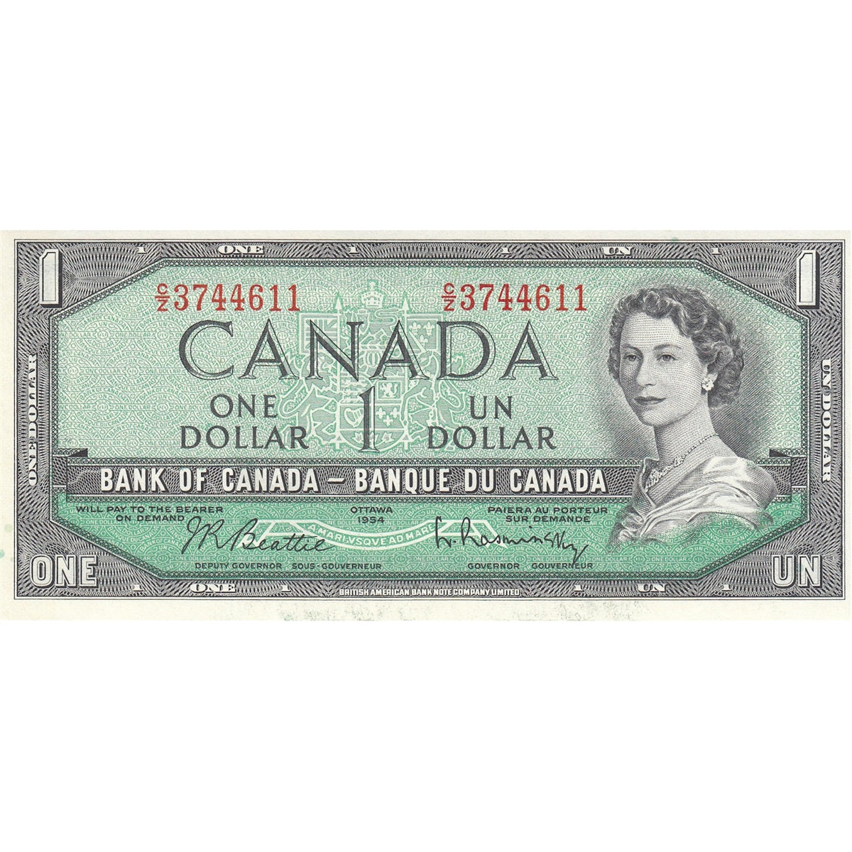 BC-37b-i 1954 Canada $1 Beattie-Rasminsky, C/Z, AU-UNC (AU55)