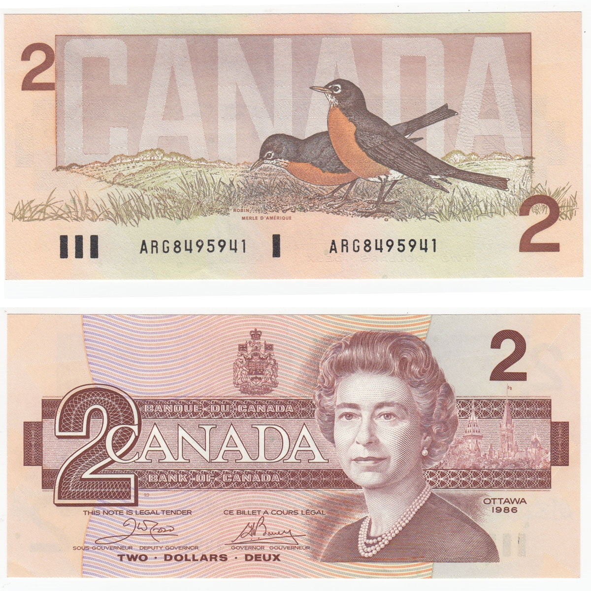 BC-55a 1986 Canada $2 Crow-Bouey, ARG, Almost Uncirculated (AU50)