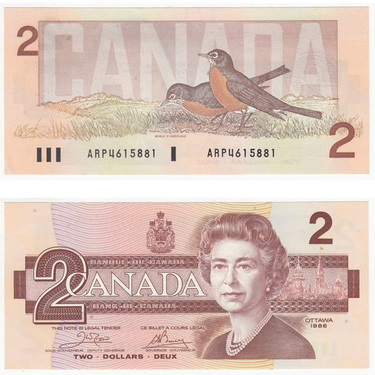 BC-55a 1986 Canada $2 Crow-Bouey, ARP, Almost Uncirculated (AU50)