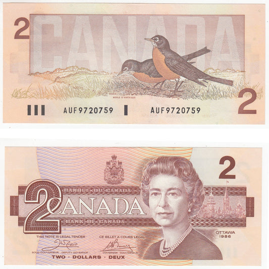 BC-55a 1986 Canada $2 Crow-Bouey, AUF, Almost Uncirculated (AU50)