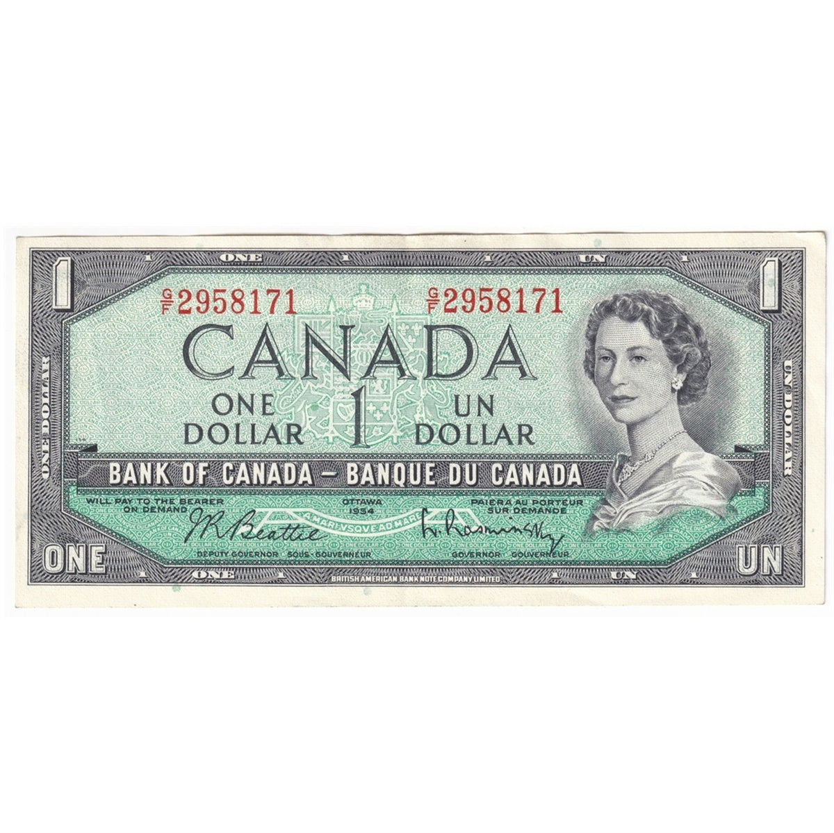 BC-37b-i 1954 Canada $1 Beattie-Rasminsky, G/F, EF-AU (EF45)