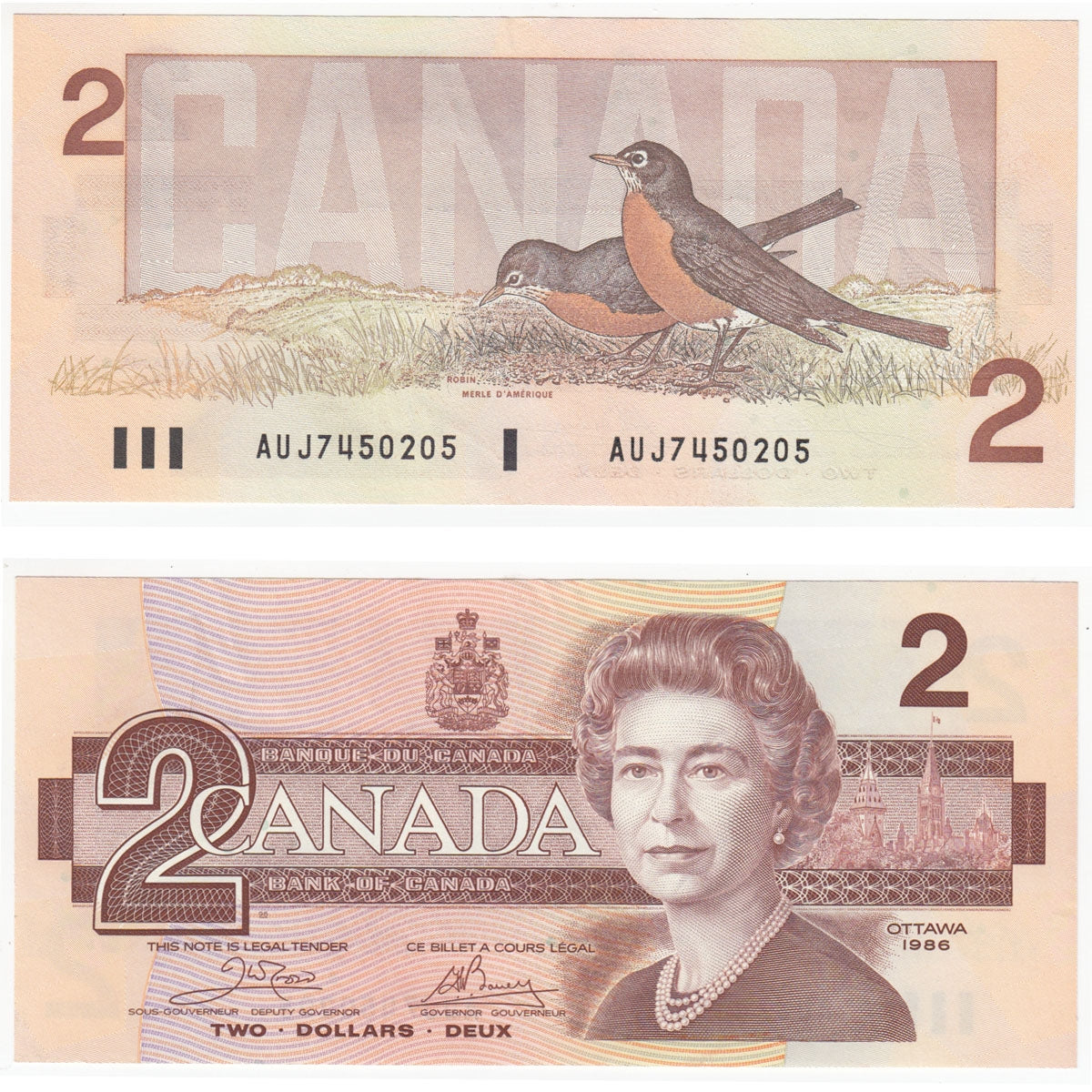 BC-55a 1986 Canada $2 Crow-Bouey, AUJ, Almost Uncirculated (AU50)