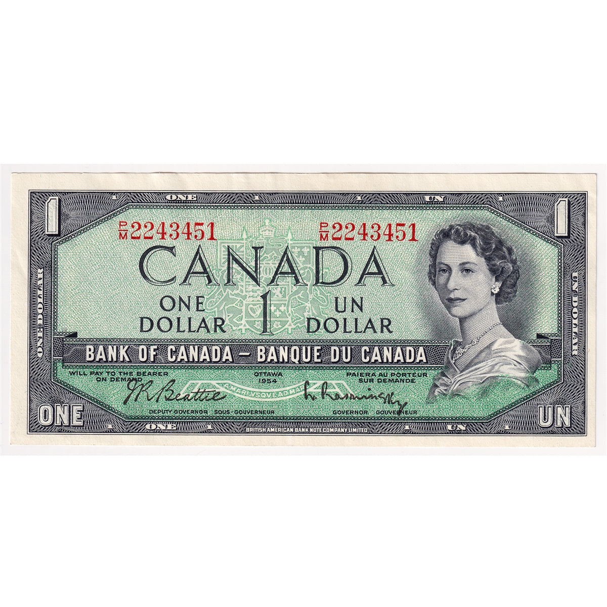 BC-37b-i 1954 Canada $1 Beattie-Rasminsky, P/M, Almost Uncirculated (AU50)