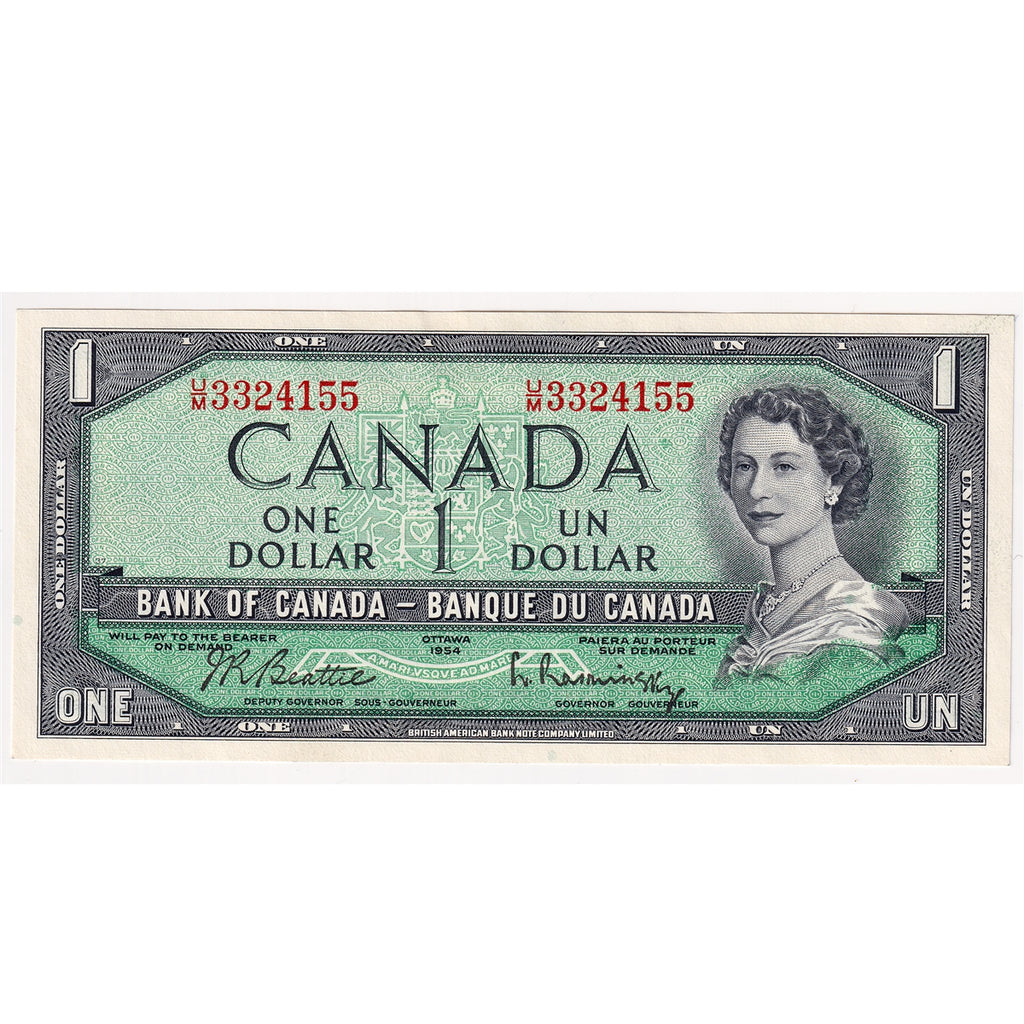 BC-37b-i 1954 Canada $1 Beattie-Rasminsky, U/M, AU-UNC (AU55)