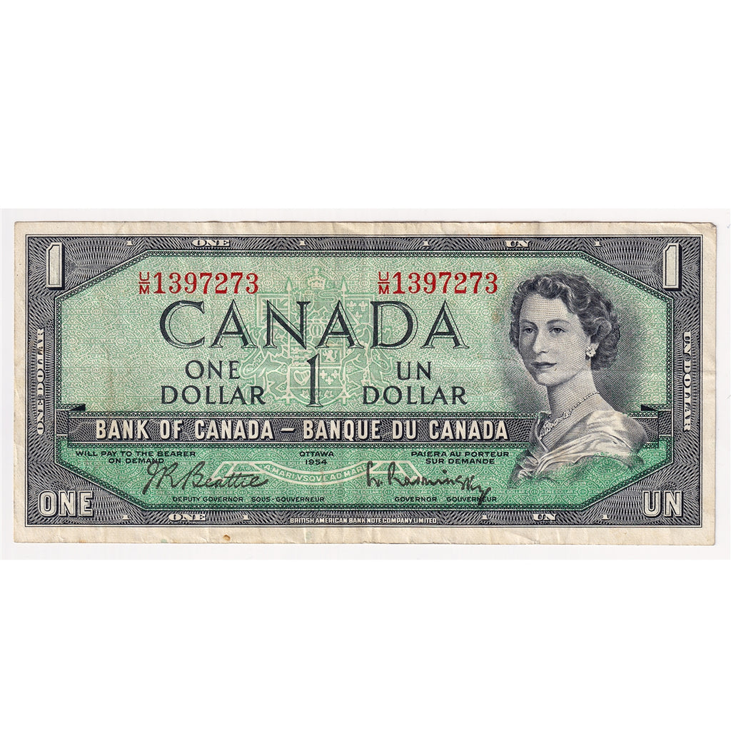 BC-37b-i 1954 Canada $1 Beattie-Rasminsky, U/M without FPN, Very Fine (VF20)