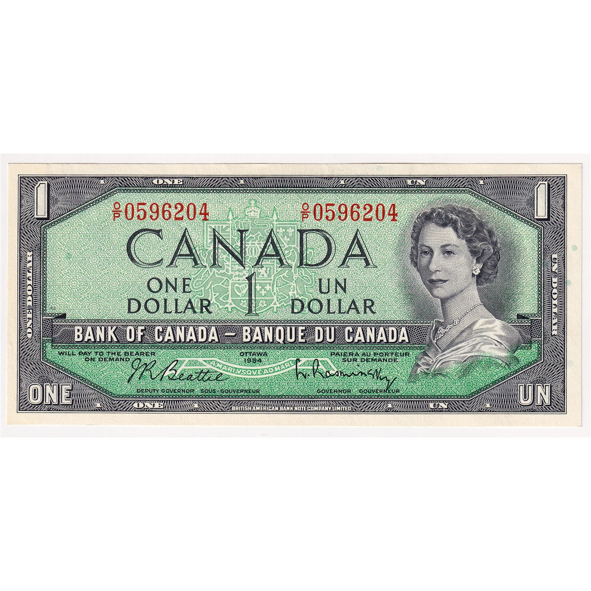 BC-37b-i 1954 Canada $1 Beattie-Rasminsky, O/P, AU-UNC (AU55)