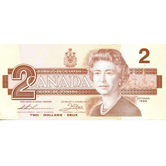 BC-55b 1986 Canada $2 Thiessen-Crow, AUR, Almost Uncirculated (AU50)