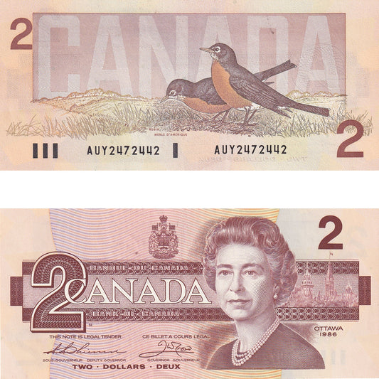 BC-55b 1986 Canada $2 Thiessen-Crow, AUY, Almost Uncirculated (AU50)
