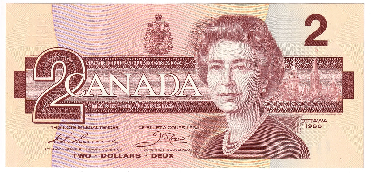BC-55b 1986 Canada $2 Thiessen-Crow, BBA, Almost Uncirculated (AU50)
