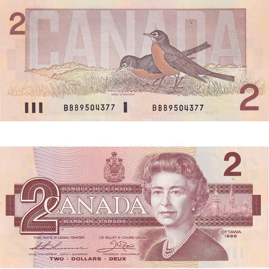 BC-55b 1986 Canada $2 Thiessen-Crow, BBB, Almost Uncirculated (AU50)
