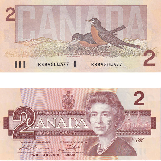 BC-55b 1986 Canada $2 Thiessen-Crow, BBB, Almost Uncirculated (AU50)